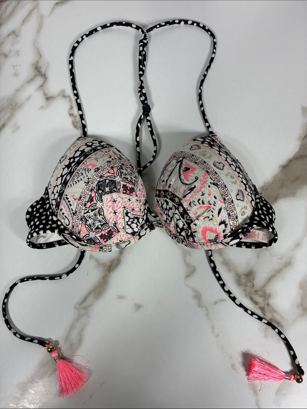 Victoria’s Secret| Patterned Pink & Black Halter Bikini Top 34C